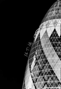 Gherkin Building inverse black and white photograph