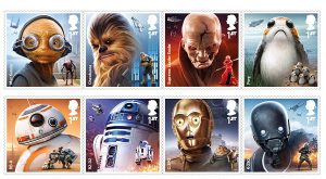 Collection of eight stamps being issued for STAR WARS: THE LAST JEDI in October 2017
