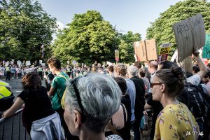 Crowds gather for the protests to the visit of President Trump to Blenheim Palace in Woodstock, Oxfordshire