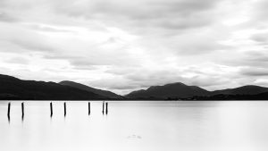 Black and white image of Loch Lomond in Scotland