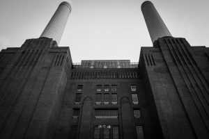 Black and white image of Battersea Power Station Cooling Towers