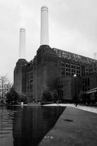 Black and white image of London's iconic refurbished Battersea Power Station
